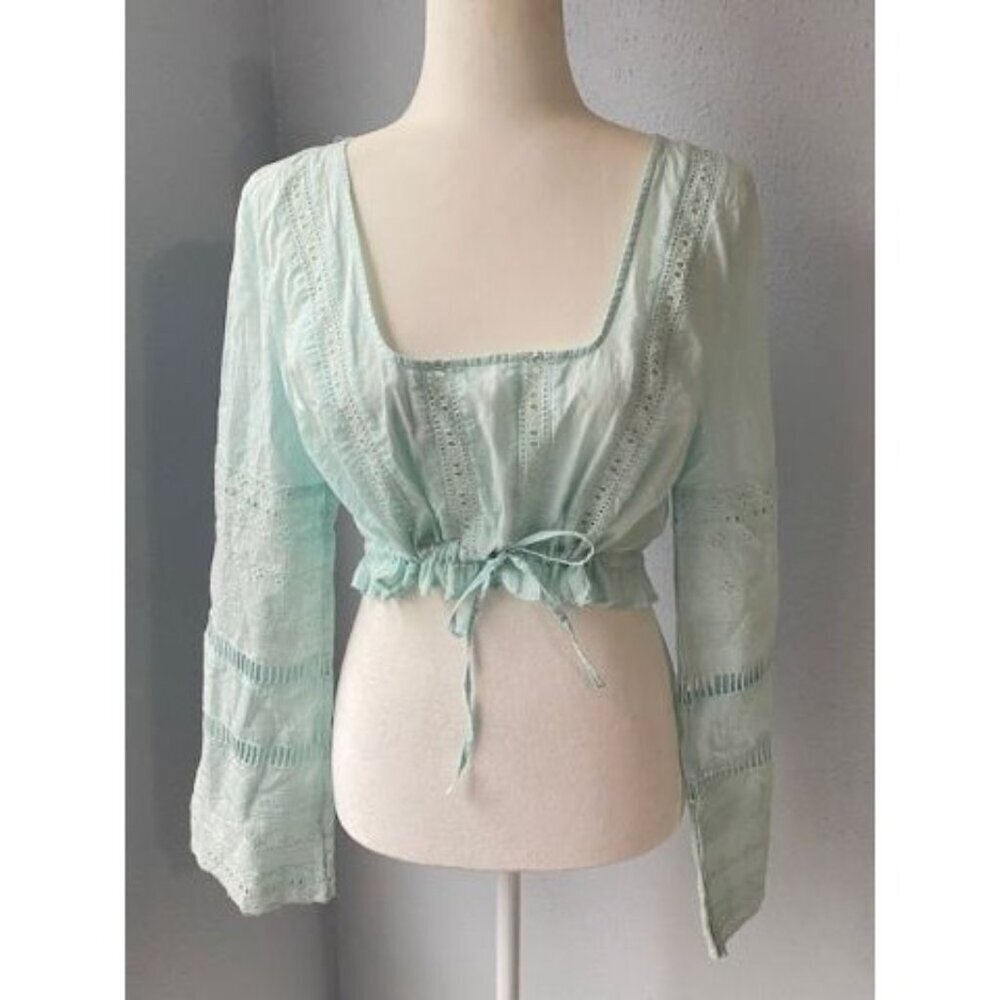 Kimchi Blue Crop Top Sz Large Teal Flair Long Sleeve Fairycore Eyelet Boho Festi